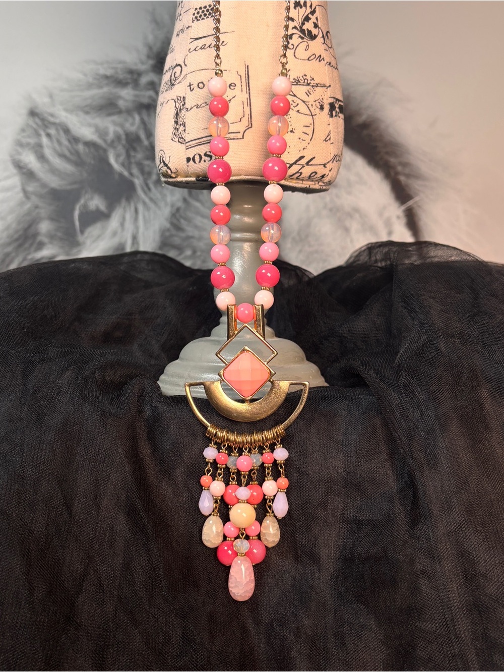You & I Signed Vintage Pink Boho Chandelier Necklace Gold Tone Pendant